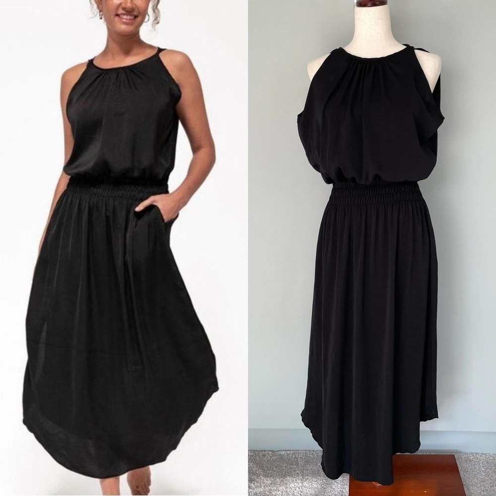 SheBird Emma Black Satin Knit Bateau Neck Built‎ In Bra Midi Dress Smocked M L